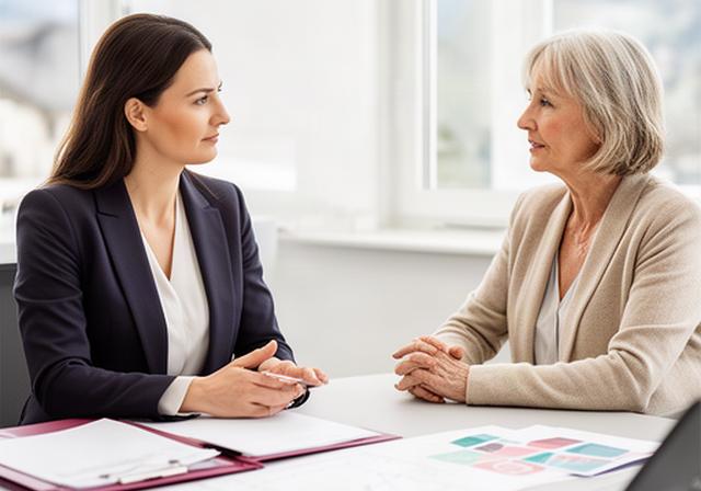 Beraterin und Kundin bei der Besprechung einer internationalen Pensionsübersicht in einem hellen Büro in Vorarlberg