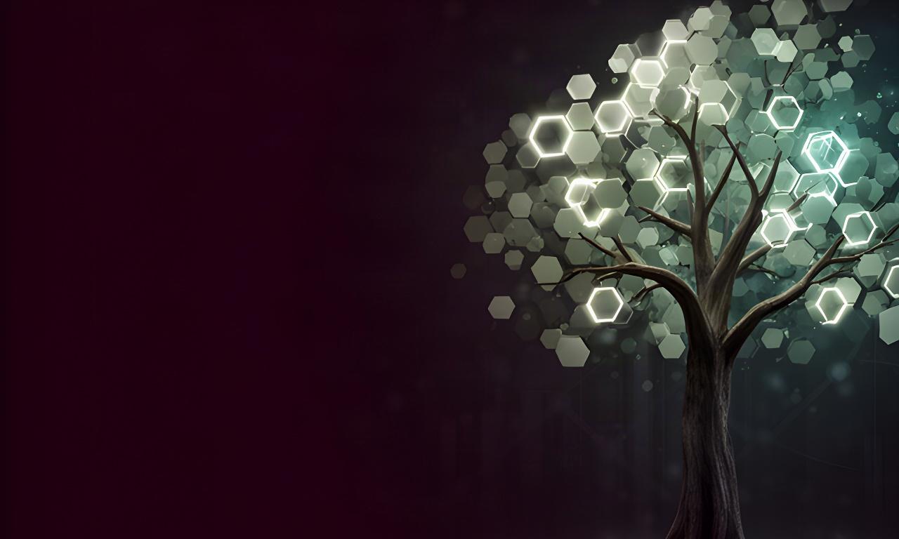 Abstrakter Baum mit hexagonförmigen Blättern in einer dunklen, ruhigen Finanzszene