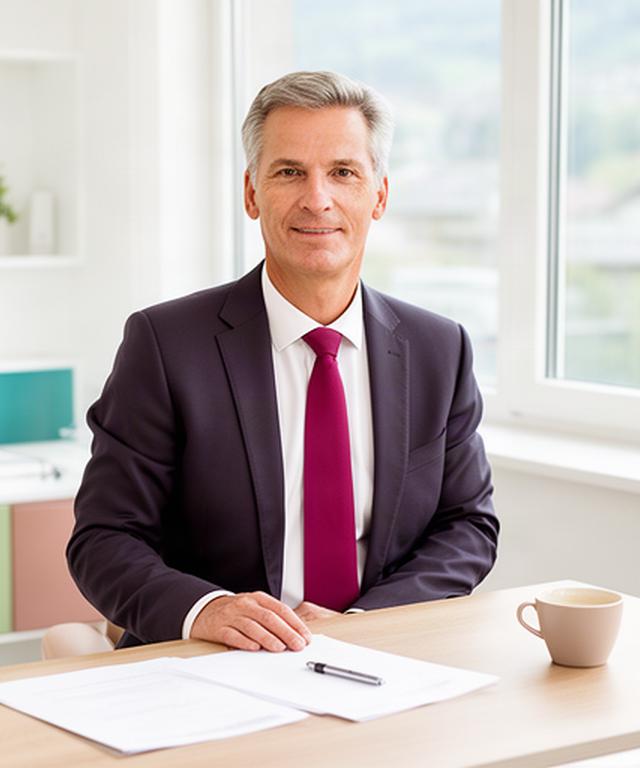 Persönlicher Pensionsberater in einem hellen Büro in Lustenau mit Unterlagen zur österreichischen Altersvorsorge
